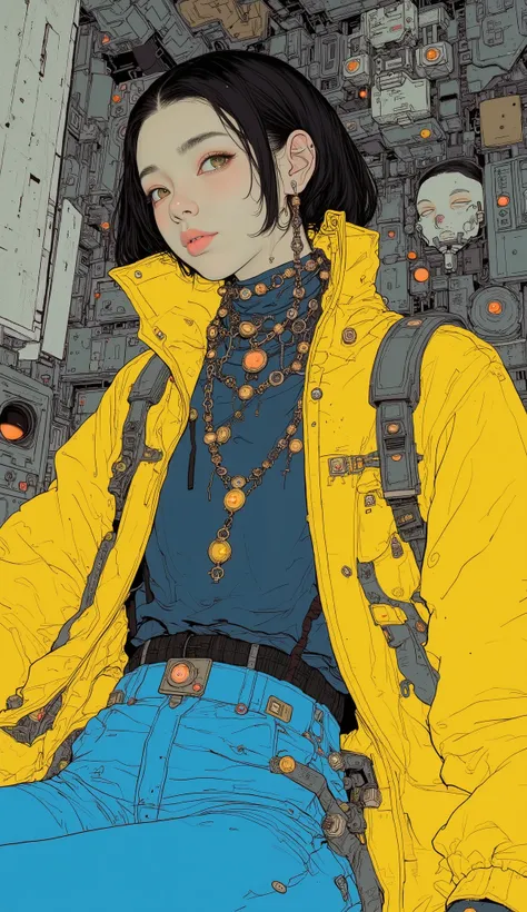 from above、fish eye、Close up of a person wearing a yellow jacket and blue pants,  cyberpunk art by Russell Dongjun Lou,  trending in CGSociety , Neo-Dada,  cyberpunk streetwear , wearing  cyberpunk streetwear , Cyber Future Jacket,  street wear graphic des...