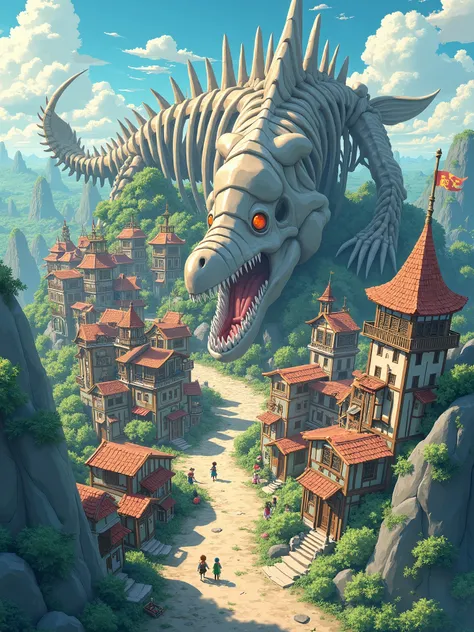 Design a town that blends seamlessly with a massive ichthyosaur skeleton, Towns can be designed to be covered by fish bones Use anime painting style and top view