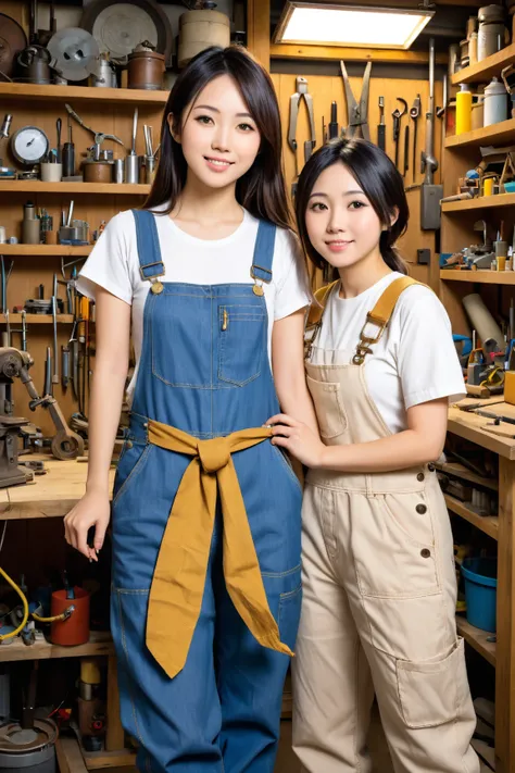 In her messy little workshop, a beautiful young Japanese female inventor in work-stained overalls poses proudly in front of a handmade, life-sized female sexaloid.