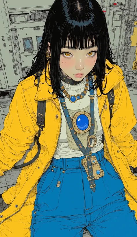 from above、fish eye、Close up of a person wearing a yellow jacket and blue pants,  cyberpunk art by Russell Dongjun Lou,  trending in CGSociety , Neo-Dada,  cyberpunk streetwear , wearing  cyberpunk streetwear , Cyber Future Jacket,  street wear graphic des...