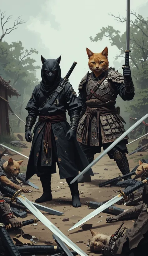 A white cat dressed as a ninja and an orange cat dressed as a samurai stood around him there were several bandit cats lying lost because of the fight, swords strewn around them