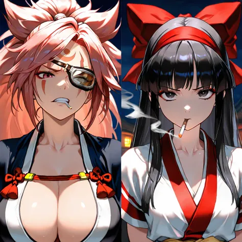 (​masterpiece, top-quality, hight resolution, Unity 8k, extremely details CG:1, Best Picture), 2girls, baiken, nakoruru, night town, Thug girl, thuggish eyes, bad girl with a bad attitude, smoking, Tattoos, Bewitching air, bewitching place, upper body