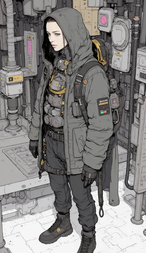 from above、fish eye、Man in a spacesuit wearing a hooded down jacket and sneakers, Concept art by Russell Donjun Roux, Zbrush Centralでトレンド中, Neo-Dada, Clothes from the future, Lunar Themed Outfit,  multi-layered outfits , Realistic Clothes , Futuristic clot...