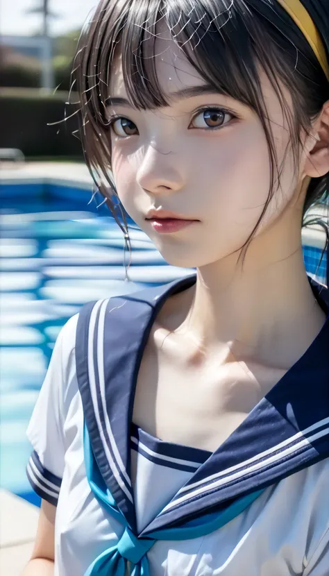 (((((There is a young elementary school student with a round face in the pool at dusk、 beautiful skin、 beautiful face、 pleasant face 、 sailor suit)))))、break ((((((breast close-up、 side view ))))))、break ((((( flat chest without bulges 、Separated Breasts 、...