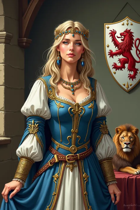 A realistic medieval fantasy portrait of a noble lady of 45 years. She has has fair hair and blue eyes. She is spirited, strong-willed, hot-tempered, and confident. 
She wears a a gown of blue and white. She wears a lot jewelry and a circlet.
Picure her in...