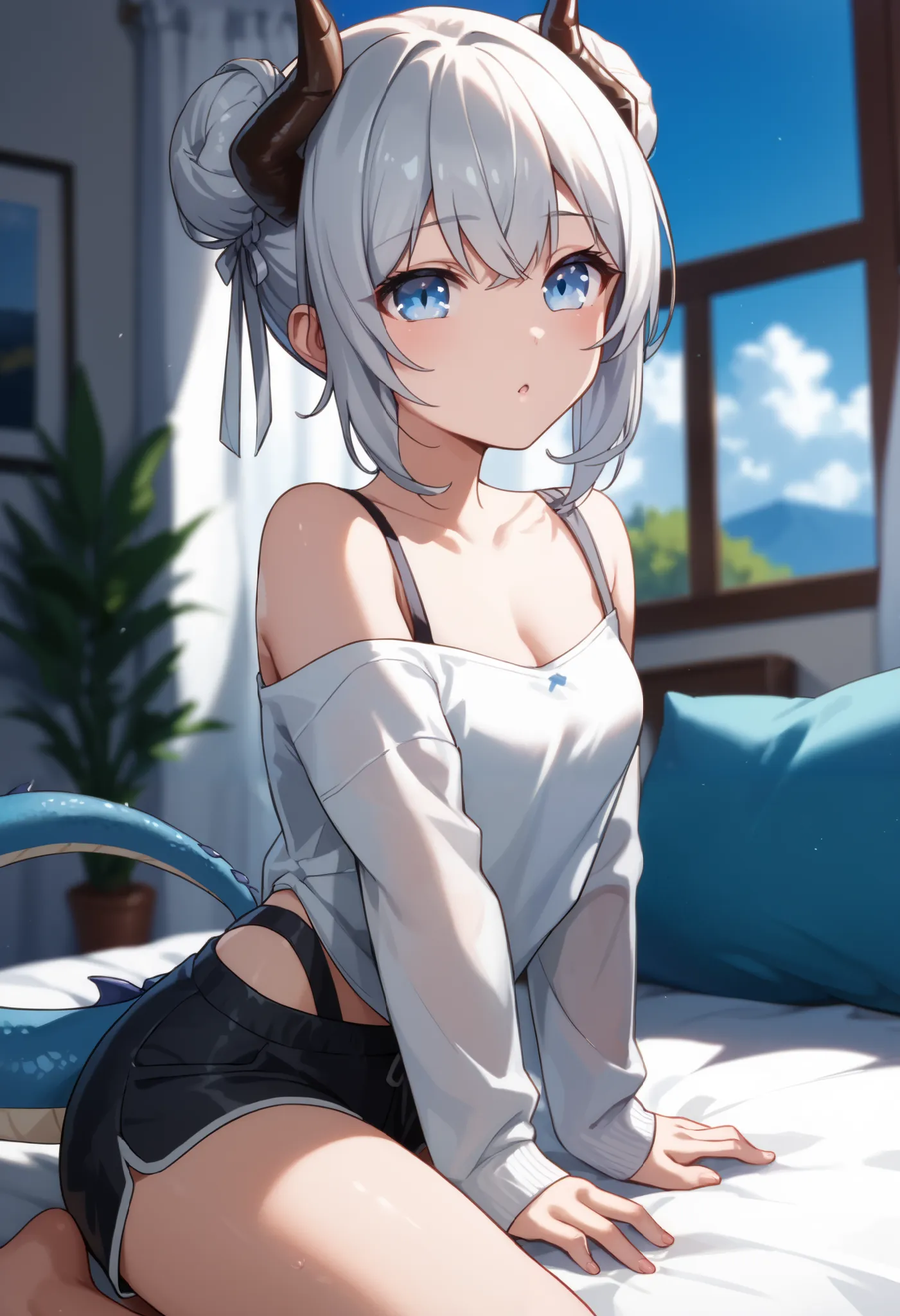 white hair, Double bun hair, sky blue eyes, dragon horns, small horns, white shirt, black shorts, bedroom