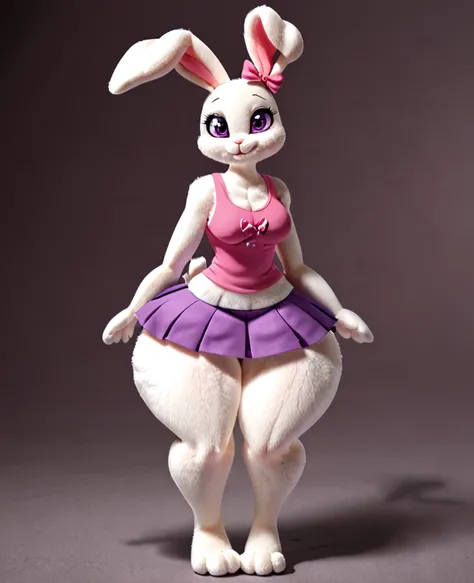 Small slender female plush bunny with good big thighs and white fur and pretty purple eyes and she wears a short dress with a mini skirt and is a toy and has life and is very cute.