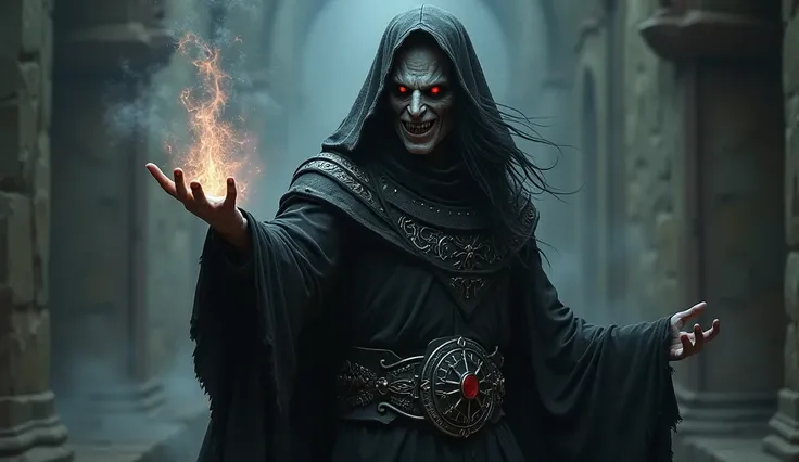 A 3D image  of Sorcerer(A menacing dark sorcerer with piercing red eyes and long, tangled black hair. His sharp, bony face is partially covered by a hood. He wears a tattered black robe with silver runes and a belt of bones.)is throwing something ( hand ge...