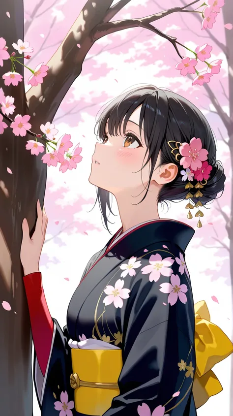 (watercolor:0.4),(pastelcolor:0.4),1girl, japanese clothes, kimono, black kimono, cherry blossoms, solo, outdoors, hair ornament, floral print, obi, sash, flower, black hair, tree, parted lips, looking up, hair flower, long sleeves, wide sleeves, pink flow...