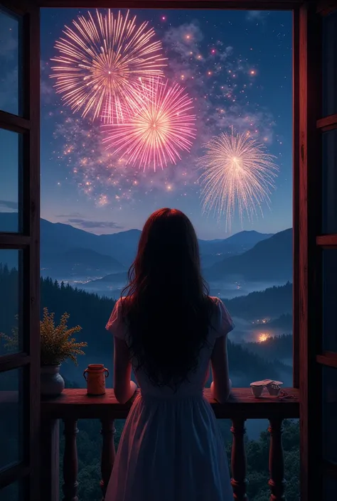 Backside of the girl who is watching fireworks in balcony in the countryside 