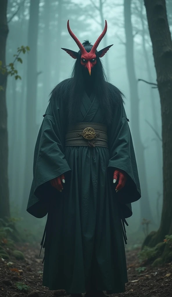  a live-action style depiction of a tengu standing in a foggy old Japanese forest 。A sharp and strong gaze 、 traditional red face decoration 、tall, slender red nose、 and has modest shadow-like wings 、 illuminated by soft natural light 、 Details of traditio...