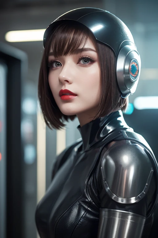  close-up of a woman wearing a futuristic helmet and red lipstick, Cyberpunk Jackie Wells, cgsociety 9,  style for stilets = Retro futuristic ,  beautiful android woman ,   female android ,  retro futuristic fashion , movie「 Blade Runner 」Still image of, F...