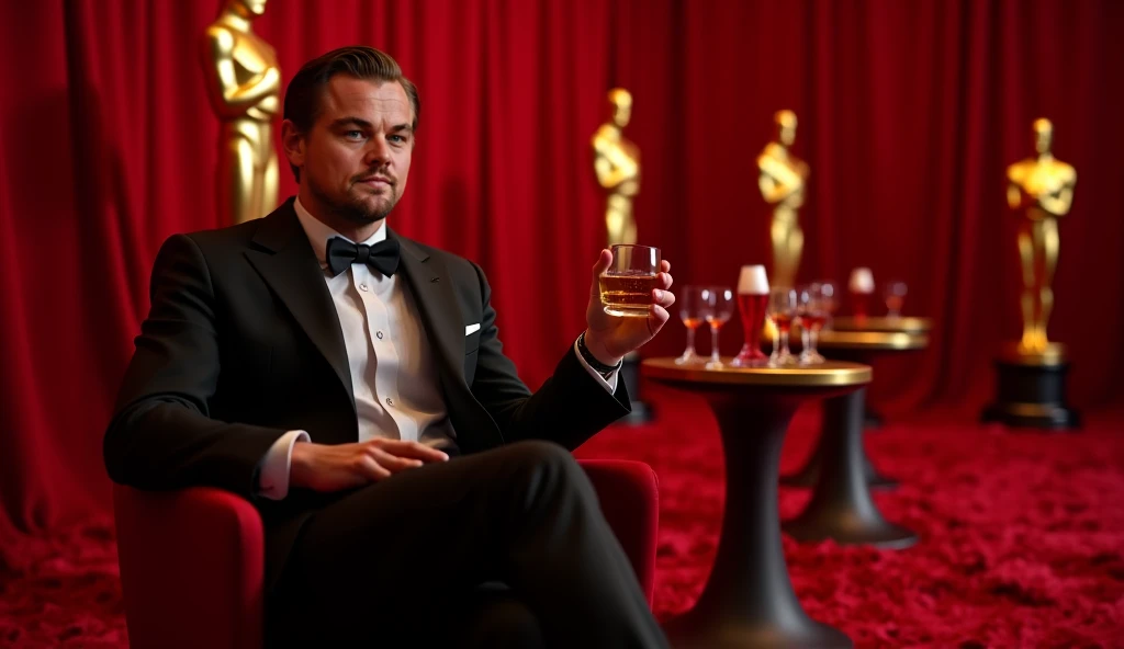 A setting inspired by a red carpet, with a cocktail table and Oscar statuettes in the background. Leonardo DiCaprio is sitting with a glass of whiskey in his hand 