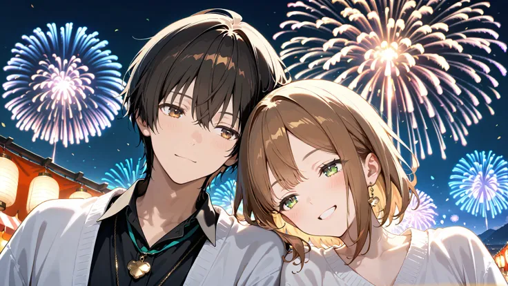 Love couple, Ryza and Male Rover, leaning on each other, fireworks and festival in background, masterpiece, best quality, High resolution