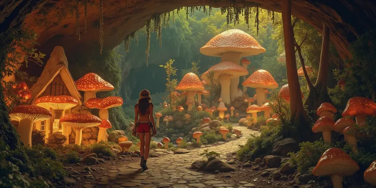 A cave explorer (woman, cute, sexy climbing outfit, giga busty age 20), stands in an underground fungus kingdom. She is mystified. The are short glowing mushrooms lighting the area and arranged to light paved roads and giant toadstool homes, and a mushroom...