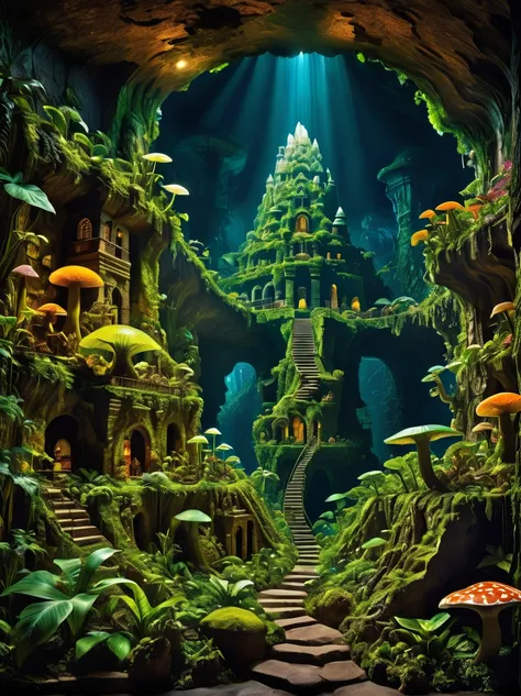 (No sky, No light,  no sunlight ), (Underworld,  Darkness, Depth, deep Underworld),  create an image of an underground fortress located deep above the earth's surface. future genetic engineering covered in fauna 、 covered in fauna would incorporate living ...