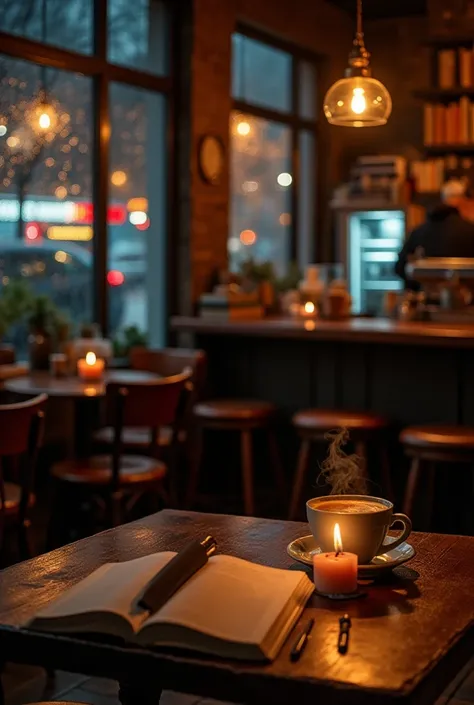 A dimly lit café with a warm and moody atmosphere. Soft golden lights cast a gentle glow on wooden tables and vintage leather chairs. A barista is seen in the background, brewing coffee behind a rustic counter filled with old books and ceramic cups. The la...