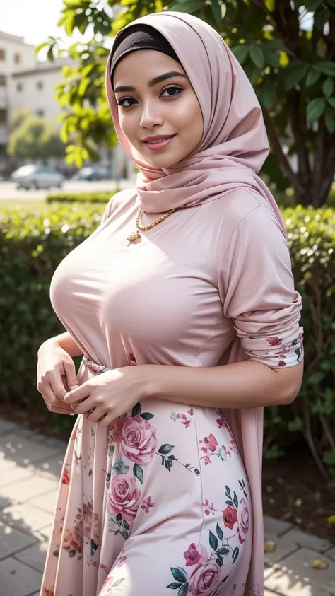 ,  best quality,   come on  ,  errors Great painting: 1.3), beautiful Malay woman in hijab, errors Great painting,  Perfect fit , (( huge breasts)), عيون Beautifulة جدا,  a cute smile ,muslim woman in a floral dress and hijab posing for a picture, hijab, م...