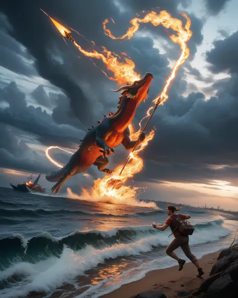 Epic battle with King Dragon: Nezha fights with a giant sea dragon, using a spear of fire and running in the air with a bright fire wheel. The background can be in the form of turbulent sea and dark sky filled with lightning. The effect of fire that is bur...