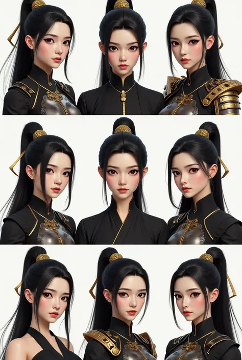 The image showcases a collection of ten digitally rendered characters with an East Asian-inspired warrior aesthetic. Here are the detailed observations:

1. Facial Features and Hairstyles:

All characters have sharp facial features with fair, smooth skin a...