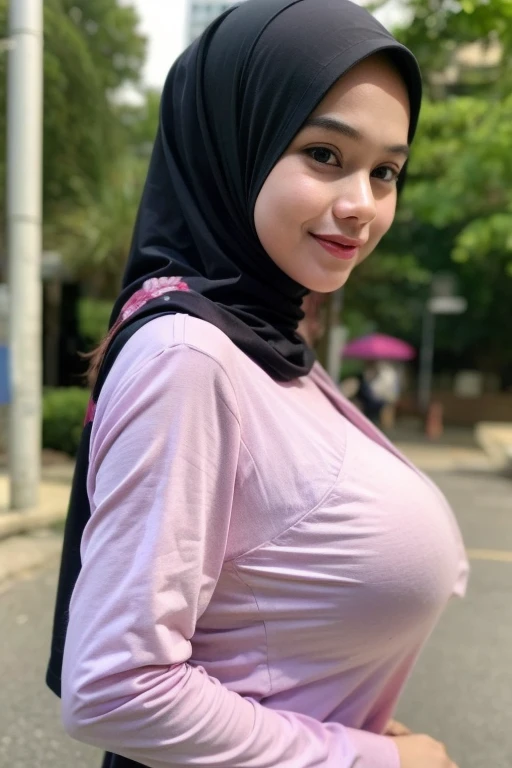 Chubby adorable, 1 girl, (face to face), , baby face, happy, half body portrait, (face details: 1), (eye details: 1), ((big breasts)). wearing transparent transparency soft soft long shirt, hijab, .. Cute posed. proportional body. Ultra High Res. realistic...