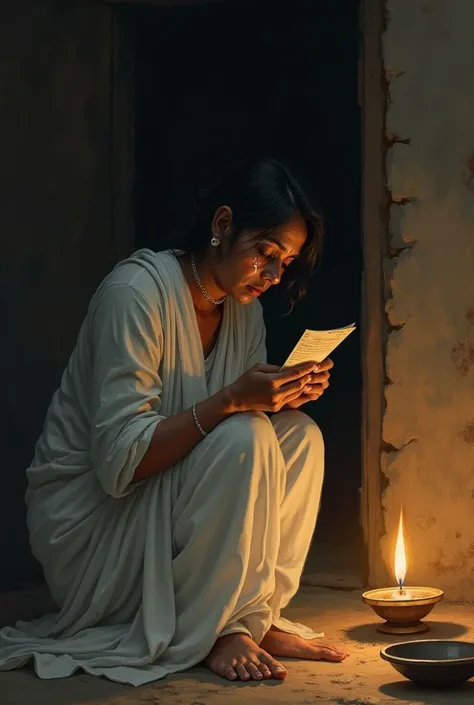 A grieving woman in a simple white sari, clutching a telegram, tears streaming down her face, in a dimly lit mud house with an oil lamp casting long shadows.