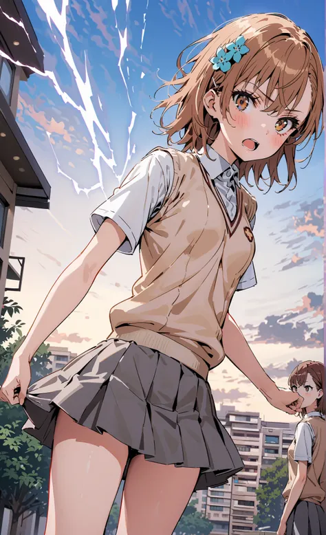 Mikoto and Misaka,  Mikoto raised , Alone, short hair,  brown hair,  hair ornament,  Hair Flower,  brown eyes, short hair,
 skirt by humili,  shirt,  school uniform, white  shirt,  SHORT SLEEVE, pleated  skirt by humili, grey  skirt by humili,  sweater ves...