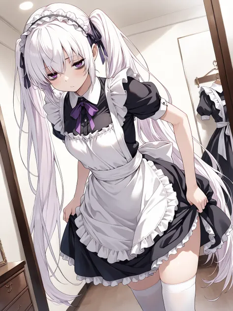 1girl, white hair, very long hair, twintails, purple eyes, bags under eyes, maid, frills, hair ribbon, white thighhighs, undressing, dressing room, dynamic angle,, (masterpiece, best quality, extremely detailed), perfect composition,