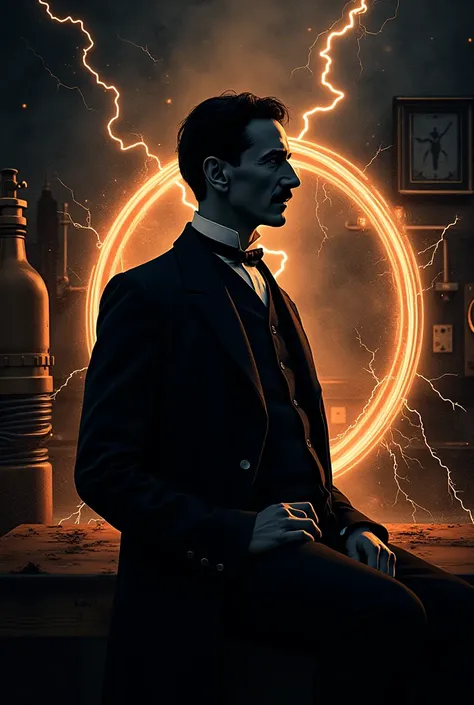  Nikola Tesla logo type silhouette sitting thinking , Tesla coil, Lightning comes out behind him,Lightning comes out of his hands steamp punk, handsome face, 