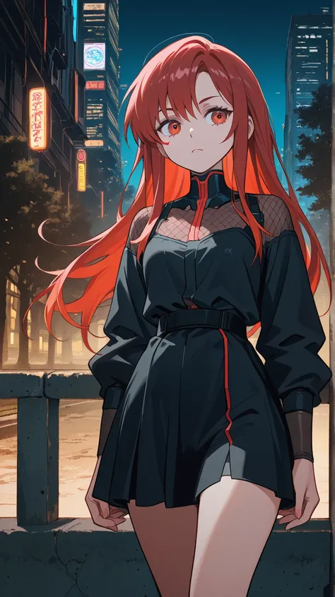 a woman with red hair and a black blouse standing in a city ,   a portrait of a character inspired by Ryūsei Kishida  ,  winner of the pixiv contest,  Digital Art , cyberpunk anime girl, badass anime 8 k, female cyberpunk anime girl, cyberpunk anime girl m...