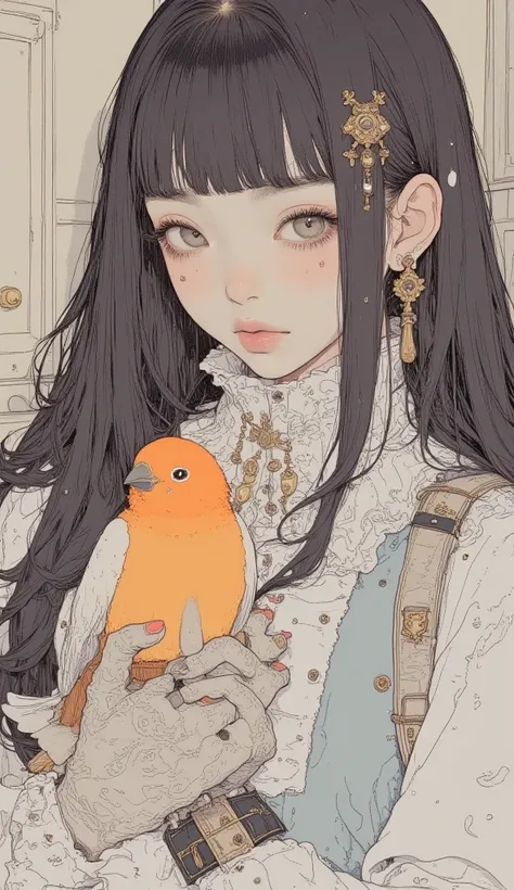  I have a girl holding a bird in her arms , Illustration Anime,  Beautiful Illustrations, By Eizan Kikugawa, Pet bird ,  Beautiful Illustrations,  beautiful artwork illustration , guweiz style art,  animated art with beautiful details, EXQUISITE DIGITAL IL...