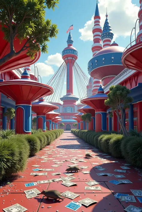 United States futuristic red, white and blue theme park littered with trash on sidewalks, rats and lottery tickets