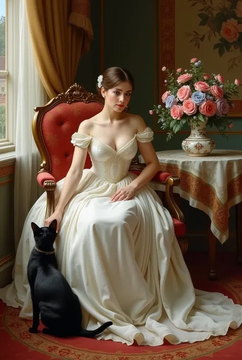 painting of a woman in a white ball gown and red shoes, sitting on a chair and stroking a black cat at her feet, luxurious interiors, carpet on the floor, tapestry on the wall, at the window is a table covered with a patterned tablecloth to the floor, on t...