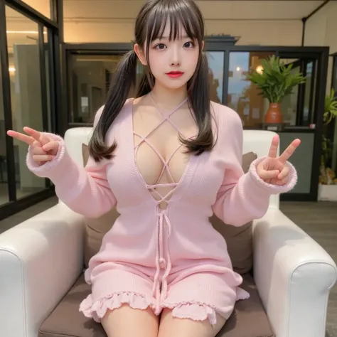 (round face babyface: 1.5), (extremely full cheeks: 1.5), ( best quality,masterpiece:1.3,  super high resolution,),( very detailed, caustics),(  photorealistic :1.4,RAW shooting,) (large breasts: 1.5), (cleavage: 1.5), (lace-up pastel pink lightweight knit...