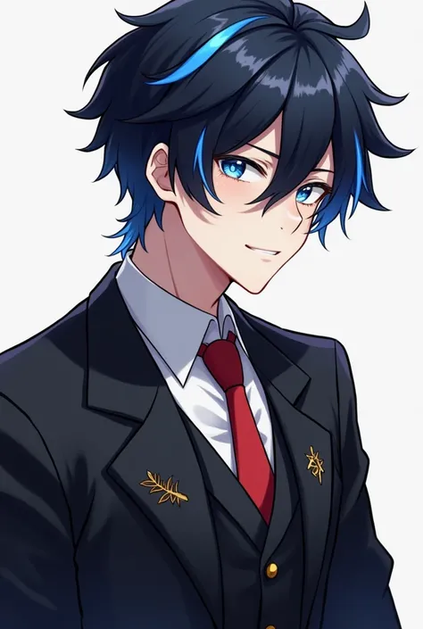 adult anime man with black jacket and white shirt and red tie and blue eyes and blue highlights and black hair and blue highlights 