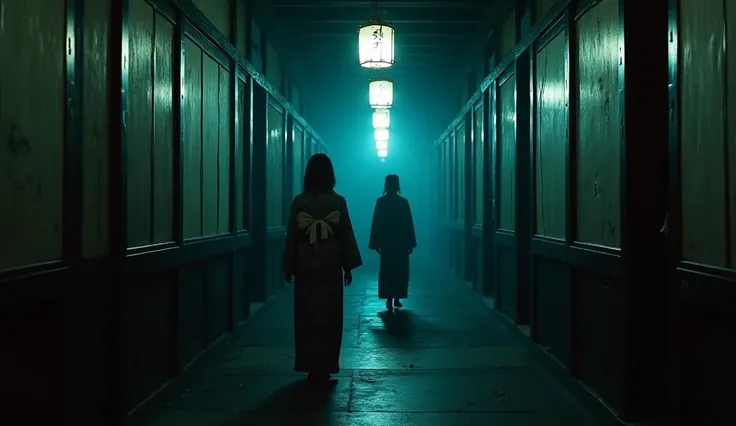 A dark cinematic shot of the hallway of a cyber-Japanese mansion that goes on forever. The walls are decorated with aged tatami mat panels and veins of pulsating cybernetic blue light. The faces of two girls in traditional kimonos loom before us. Their eer...