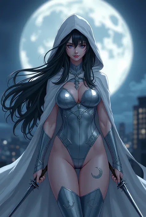 "4K anime style quality, digital drawing mode, a mysterious vigilante with flowing raven-black hair, piercing silver eyes, and an enigmatic smile. She wears a white hooded cloak over a skin-tight silver bodysuit, with crescent moon symbols etched into her ...