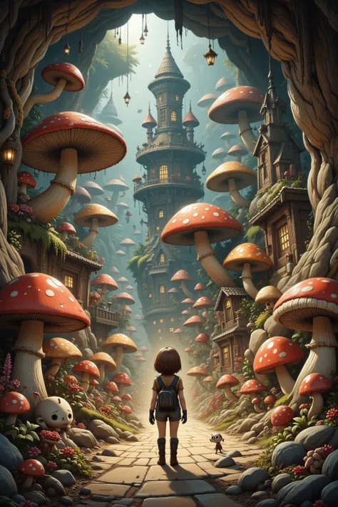 A cave explorer (woman, cute, sexy climbing outfit, giga busty age 20), stands in an underground fungus kingdom. She is mystified. The are short glowing mushrooms lighting the area and arranged to light paved roads and giant toadstool homes, and a mushroom...