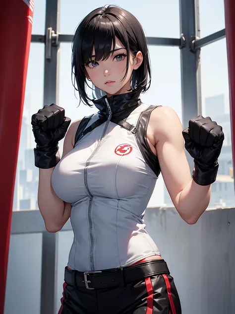 woman、 martial artist、White vest、Black Belt、I can see my breasts by putting gloves 、 on my fist、 big breasts、Straight punch、 big breasts、 black hair、Short Hair
