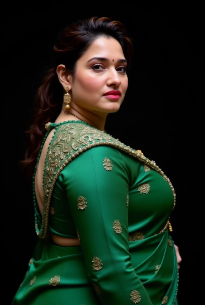 A 30 years old ,matured, American white woman with a large-sized, full figured body shape, ivory white round-shaped face.

She stands in profile, wrapped in a rich emerald green Kanjeevaram saree, her back bare except for the delicate golden strings of her...