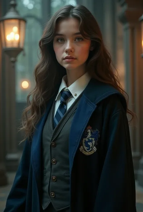 Create a female teenager, Jade-green eyed , long dark brown hair with waves, white skin and wearing Ravenclaw Harry Potter clothes, From Hogwarts .