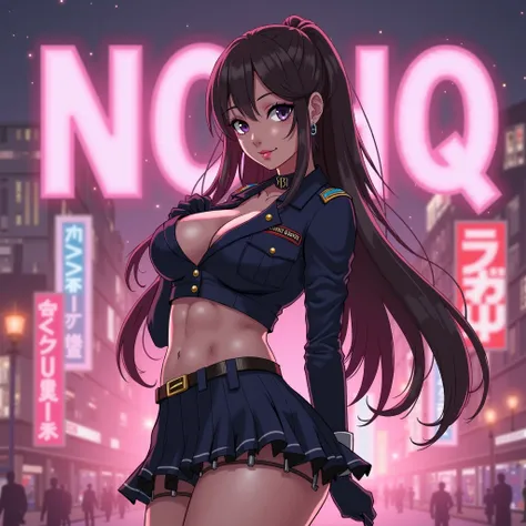 create a hentai anime-style profile picture featuring a very attractive, sexy and voluptuous woman in a military outfit, posing at a sexy and provocative angle,  I'd like her to wear a very short skirt with her undergarments lingerie slightly visible, alon...