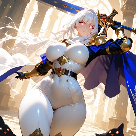 ExpressiveH, sinozickexpressaiu, A shadow creature, white glowing eyes, wearing a white scarf, white glowing hair, very long hair, bangs. Wearing white cloak, big cloak,  white armor, leotard armor, white bodysuit, tight bodysuit , belt , tight armor, hold...