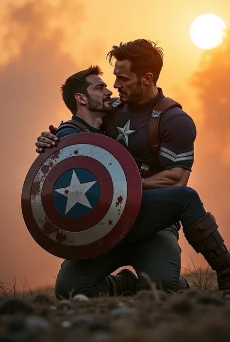 tony stark,  with a face full of sadness ,  holds Steve Rogers in his arms .  Steve has a faint smile and his gaze slowly fades . The shield fallen to one side ,  stained with dust and blood ."
 The image is symbolic and emotional ,  with an orange sunset ...