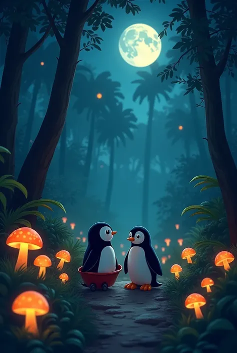 The little cute penguin pushing the trolley, put little cub in trolley   through the dark jungle. The path is covered with glowing mushrooms, and unknown eyes peek from the dense foliage. The little cub steps cautiously, trusting the cute little penguin’s ...