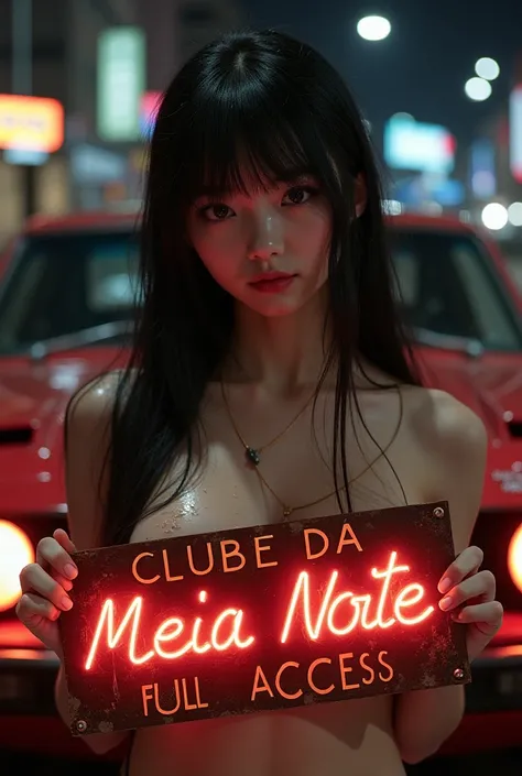 Real image of a Asian girl with neotenic face, long black hair with bangs, she is naked with small breasts showing With a viscous dripping over them.She has her skin is white. She holds a rusty Red sign with white LEDs that says  "Clube da Meia Noite Full ...