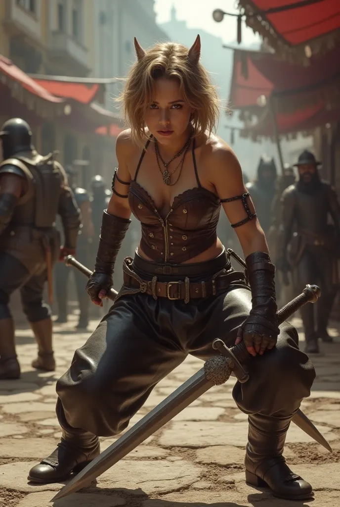 18 years old wolf-girl, petite build, sandy brown hair, medium-short hair, ((wearing leather pants and strapped leather corset:1.4)), crouched in a defensive stance, holding large dagger and ready to fight, medieval market square, knocked over medieval mar...