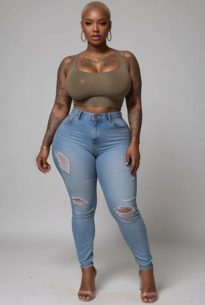 ((Full body)), front view, ebony, tattoos , bald , bigboobs, ((  jeans, blouse, heels, (((plus size curvy body, wide hips))) )), plain background
