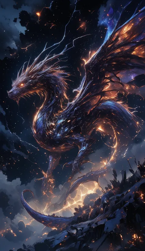 (Imagine a dragon that embodies elegance and grace, soaring through the dark skies. Its scales shimmer in a multitude of colors like an iridescent tapestry, reflecting an intricate play of dark blues, purples, and hints of gold. The dragon possesses slende...