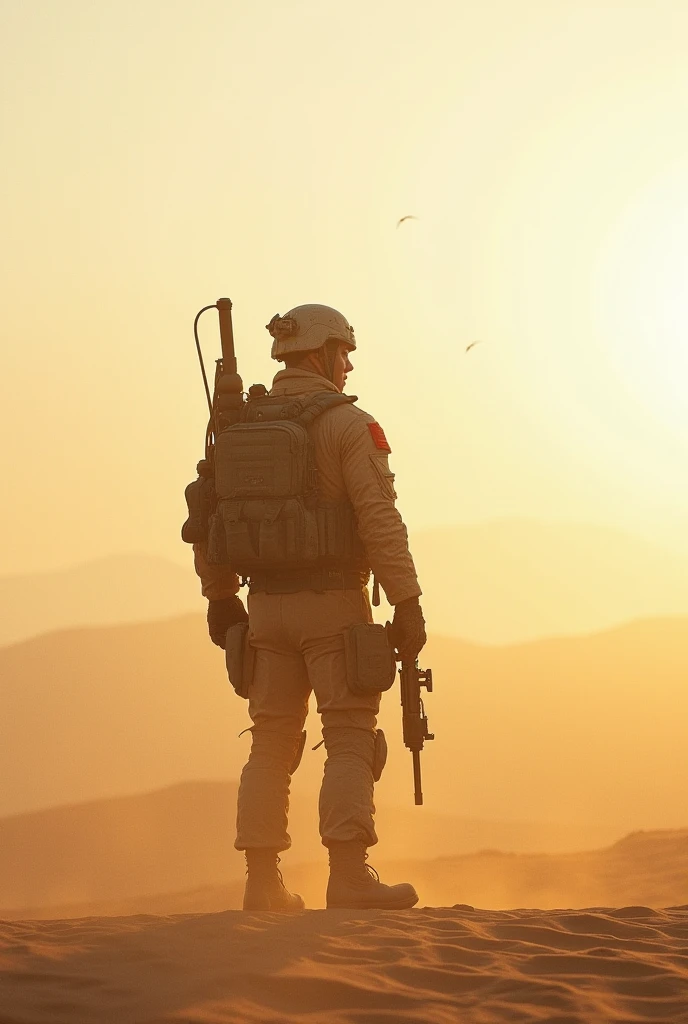 
**"A Soldier holding all his military equipment alone stands in the middle of a smoldering desert,  the blinding and merciless sun .  His figure is almost like a skeleton ,  covered in dust and sweat ,  merges with the harsh environment .  The sky above i...